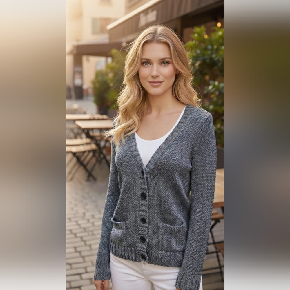 MEDIUM women J CREW Metallic silver button down cardigan v-neck long sleeve